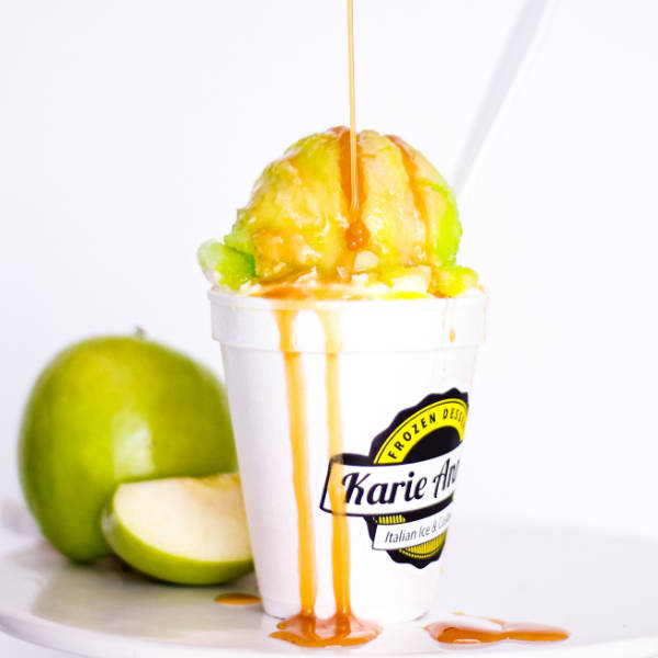 a caramel apple gelati, with green apples in the background