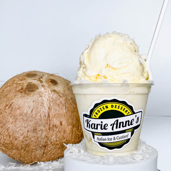 A white-colored custard with some coconut flakes on top, with a large coconut in the background